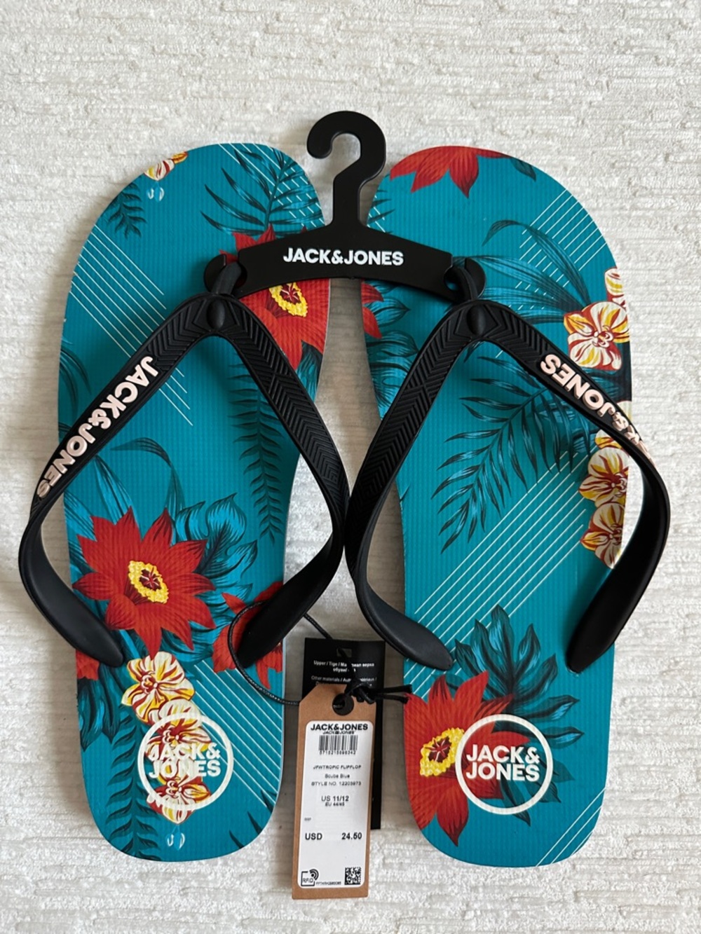 Jack & Jones Scuba Blue Tropic Beach Flip Flops with Black Straps